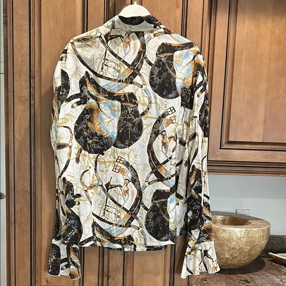 Escada Multicolor Abstract button down blouse with ruffle details. Size 44/L - Picture 8 of 10